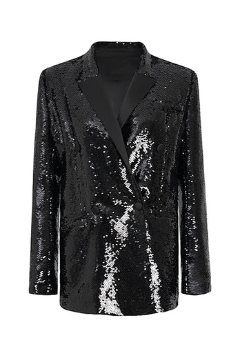 Sparkly Black Sequins Longline Oversized Formal Blazer For Women