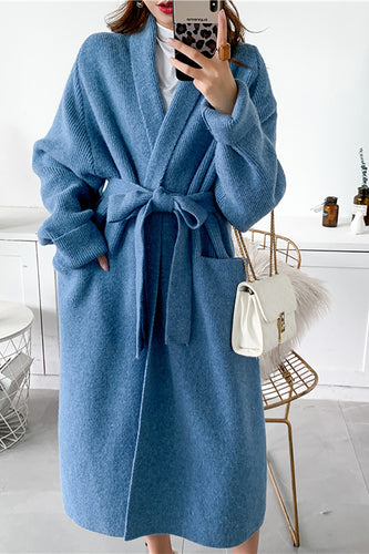 Blue Long Knitted Oversized Women Sweater Cardigan with Belt