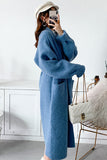 Blue Long Knitted Oversized Women Sweater Cardigan with Belt