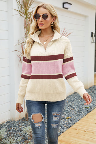 Apricot Color Block Knitted Pullover Sweater