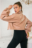 Khaki Cropped Button Lapel Women Leather Jacket