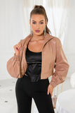 Khaki Cropped Button Lapel Women Leather Jacket