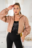 Khaki Cropped Button Lapel Women Leather Jacket