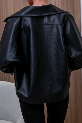 Black Notched Lapel Oversized Cropped Leather Jacket
