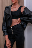 Black Notched Lapel Oversized Cropped Leather Jacket