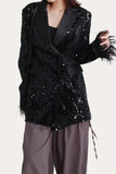 Glitter Black Sequins Women Formal Blazer with Feathers