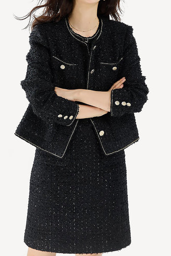 Black Tweed Open Front Cropped Women Jacket