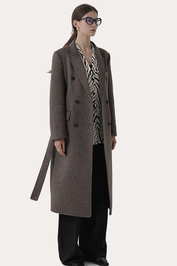 Dark Grey Double Breasted Peak Lapel Long Slim Fit Wool Coat