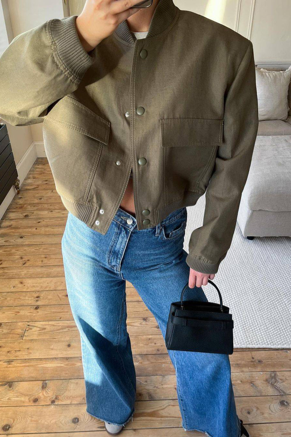 Army Green Stand Collar Button Women Jacket