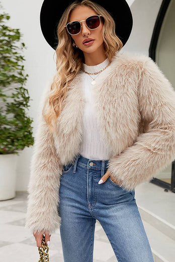Apricot Open Front Shearling Faux Fur Cropped Coat