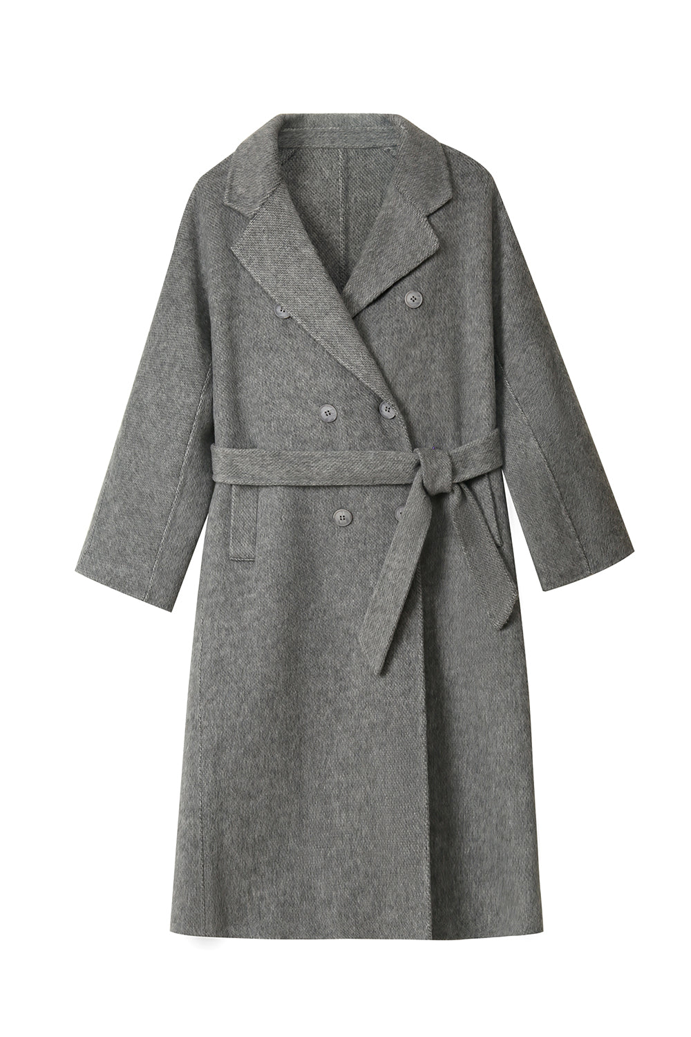 Grey Double Breasted Long Wool Blend Coat with Belt