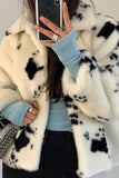 White Printed Lapel Faux Fur Women Coat