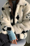 White Printed Lapel Faux Fur Women Coat