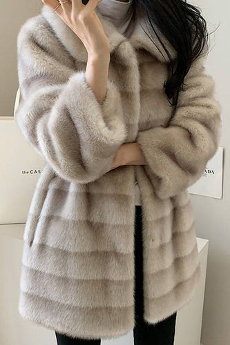 Grey Lapel Faux Fur Long Shaggy Coat