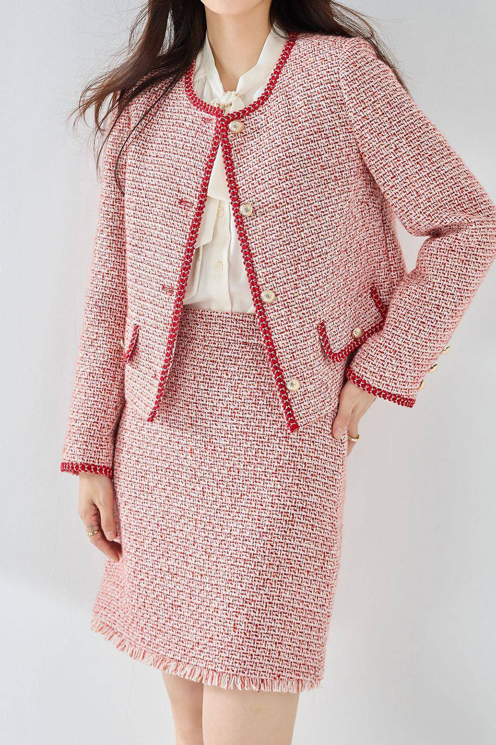 Pink Tweed Shawl Lapel Women Cropped Coat