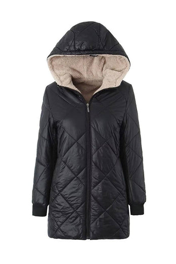 Black Fleece Quilted Fitted Faux Fur Women Puffer Jacket
