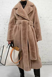 Khaki Faux Fur Shearling Long Open Front Coat with Belt