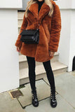 Orange Lapel Neck Open Front Faux Fur Midi Women Coat