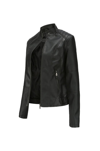 Black Zipper Front Fitted PU Women Jacket