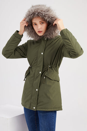 Army Green Mid-Length Hooded Winter Warm Plus Fleece Coat