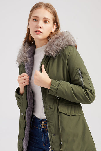 Army Green Mid-Length Hooded Winter Warm Plus Fleece Coat