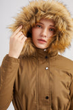 Army Green Fur Collar Drawstring Waist Thickened Mid Coat