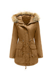 Army Green Fur Collar Drawstring Waist Thickened Mid Coat