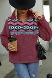 Burgundy Printed Stand Collar Pull Over Fleece Tops