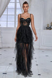 Sparkly Black Corset Spaghetti Straps Long Formal Dress with Ruffles