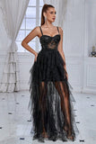 Sparkly Black Corset Spaghetti Straps Long Formal Dress with Ruffles