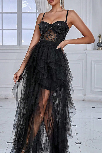 Sparkly Black Corset Spaghetti Straps Long Formal Dress with Ruffles