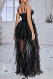 Sparkly Black Corset Spaghetti Straps Long Formal Dress with Ruffles