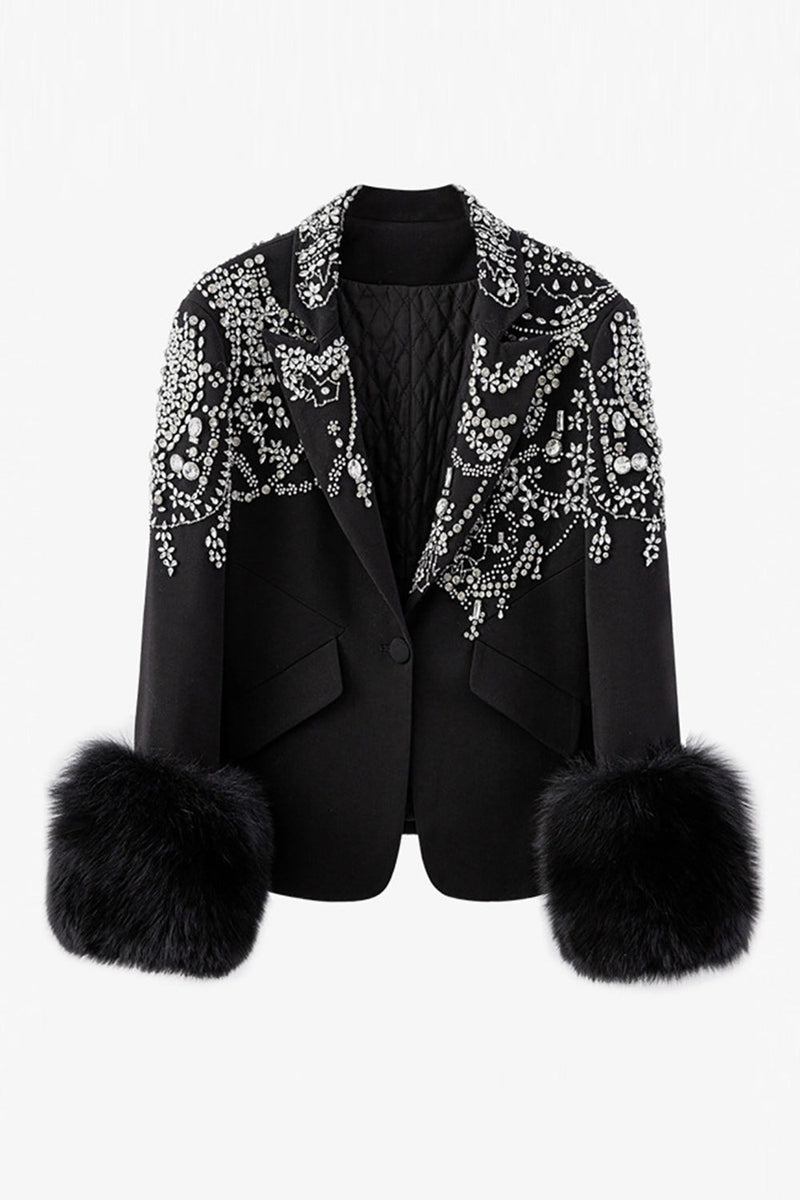 Load image into Gallery viewer, Glitter Black Peak Lapel  Beaded Women Formal Blazer with Feathers