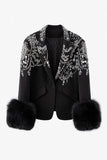 Glitter Black Peak Lapel  Beaded Women Formal Blazer with Feathers