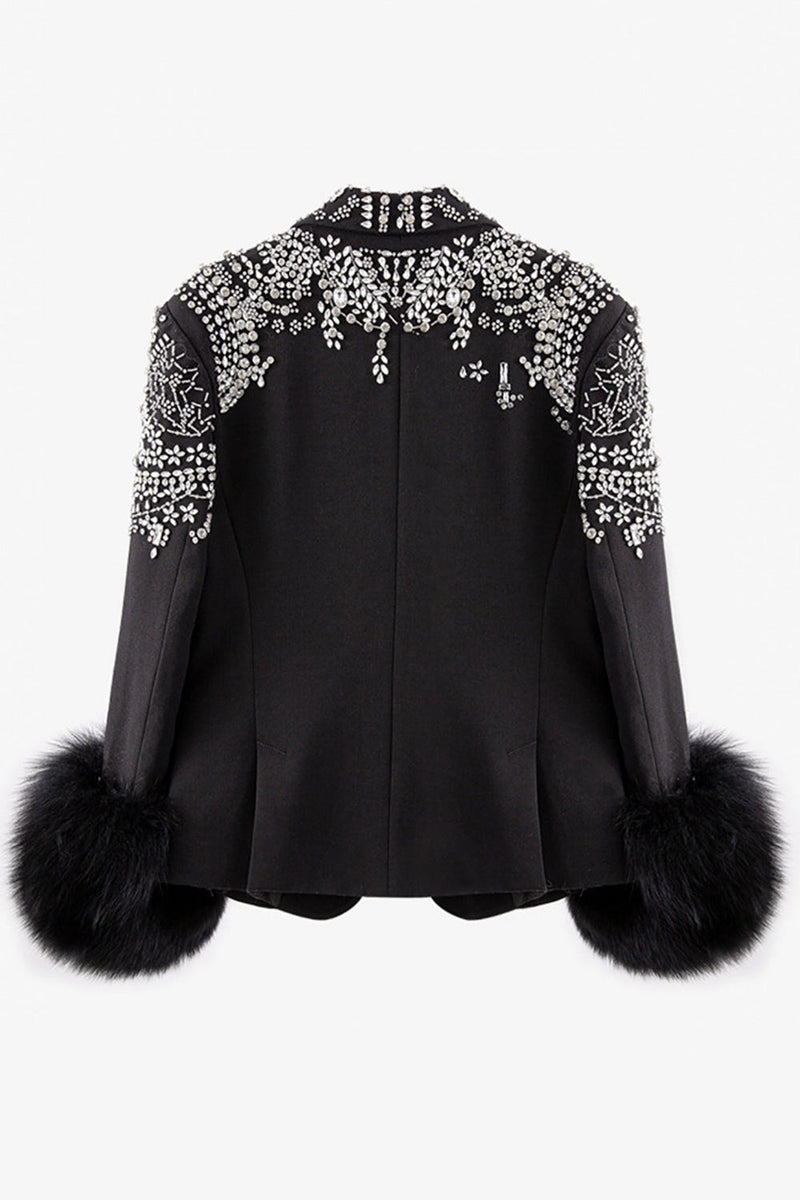 Load image into Gallery viewer, Glitter Black Peak Lapel  Beaded Women Formal Blazer with Feathers
