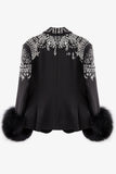 Glitter Black Peak Lapel  Beaded Women Formal Blazer with Feathers