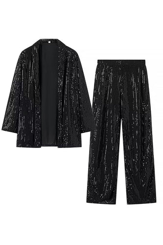 Sparkly Black Shawl Lapel Sequins 2 Piece Women Formal Suits
