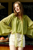 Olive Green Batwing Sleeves Women Silk Blouse