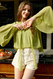 Olive Green Batwing Sleeves Women Silk Blouse