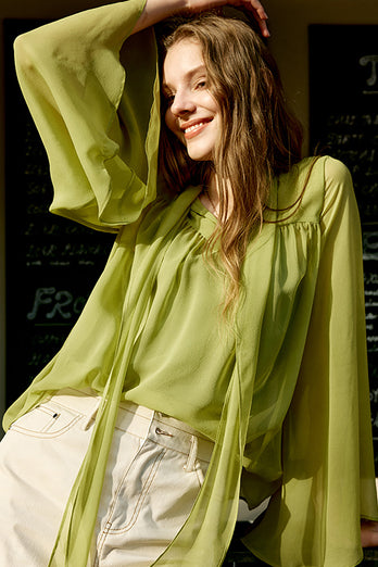 Olive Green Batwing Sleeves Women Silk Blouse