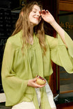 Olive Green Batwing Sleeves Women Silk Blouse