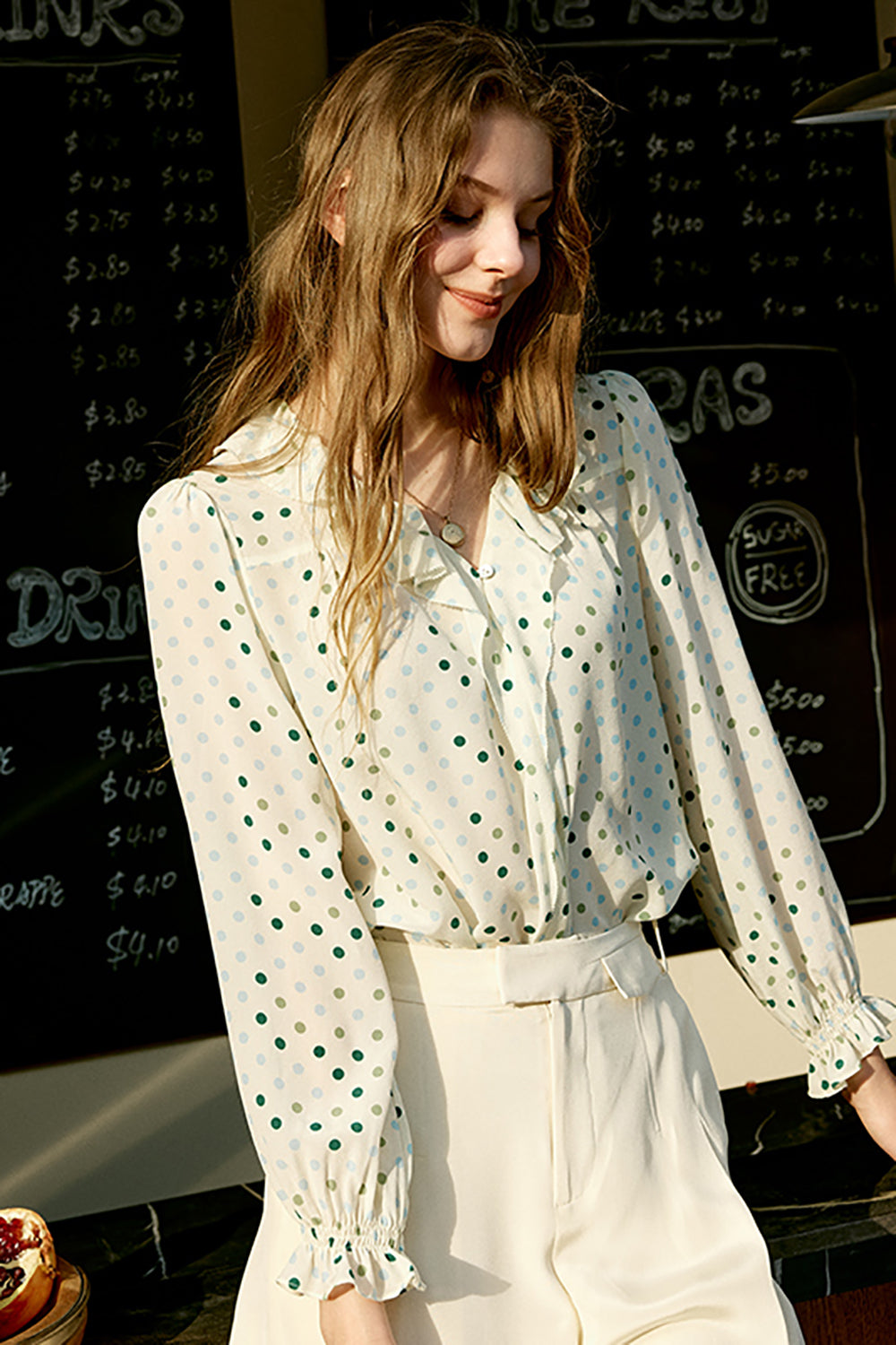 Ivory Polka Dots Long Sleeves Women Silk Blouse