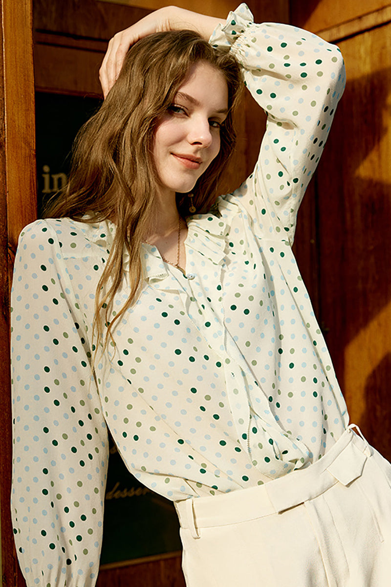 Load image into Gallery viewer, Ivory Polka Dots Long Sleeves Women Silk Blouse
