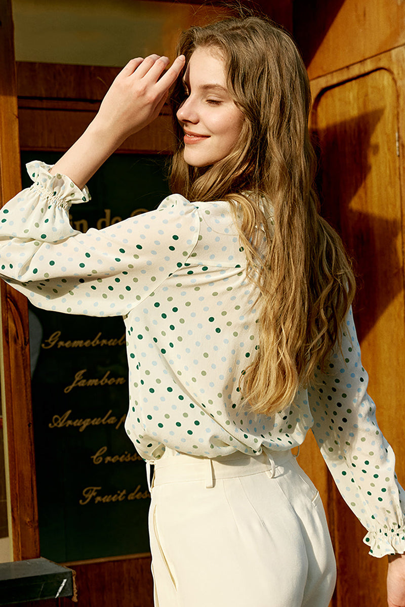 Load image into Gallery viewer, Ivory Polka Dots Long Sleeves Women Silk Blouse