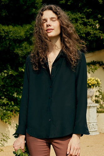 Black Long Sleeves Button Down Women Silk Blouse