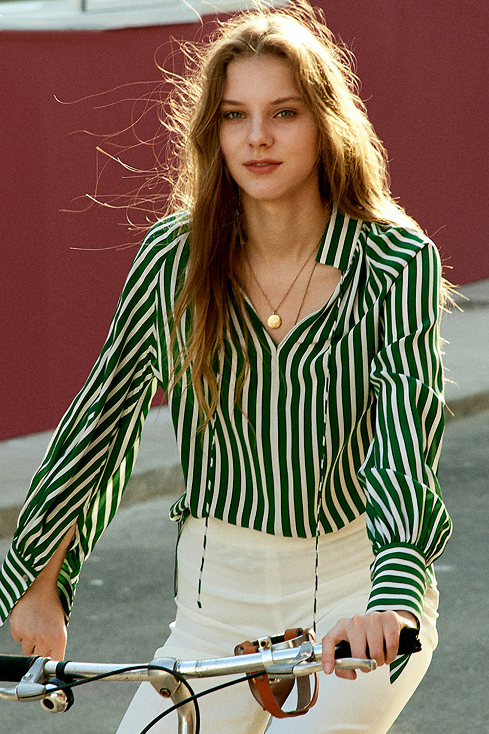 Green and White Striped Women Silk Blouse