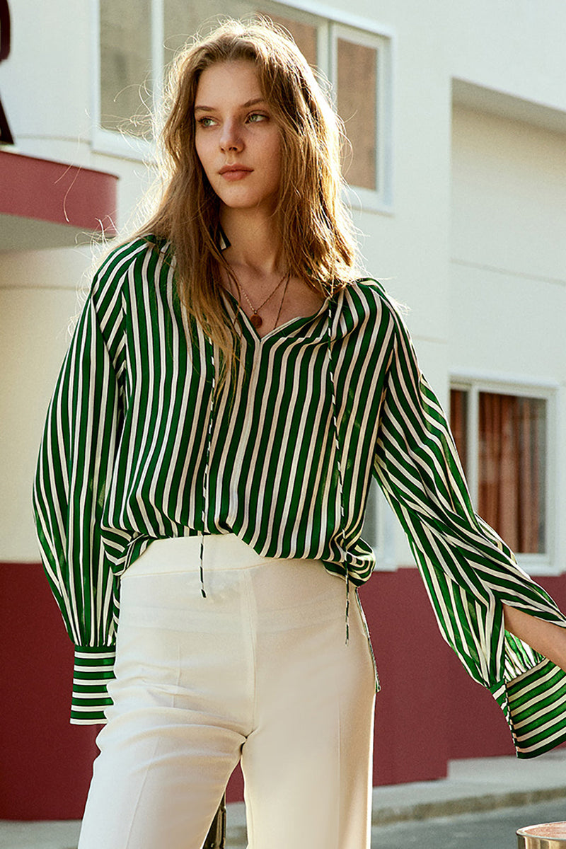 Load image into Gallery viewer, Green and White Striped Women Silk Blouse