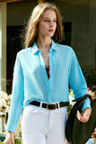 Blue Button Down Women Silk Blouse