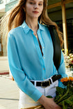 Blue Button Down Women Silk Blouse