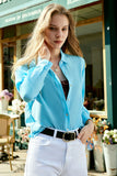 Blue Button Down Women Silk Blouse